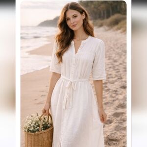 Holiday Maya Shirt Dress Tie 3/4 Puff Sleeves Pleated Front Midi Small White